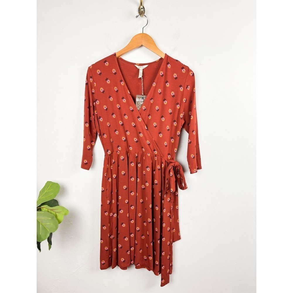 NWT Matilda Jane Orange Floral Faux Wrap Modal Stretch Knit Mini Dress Sz S